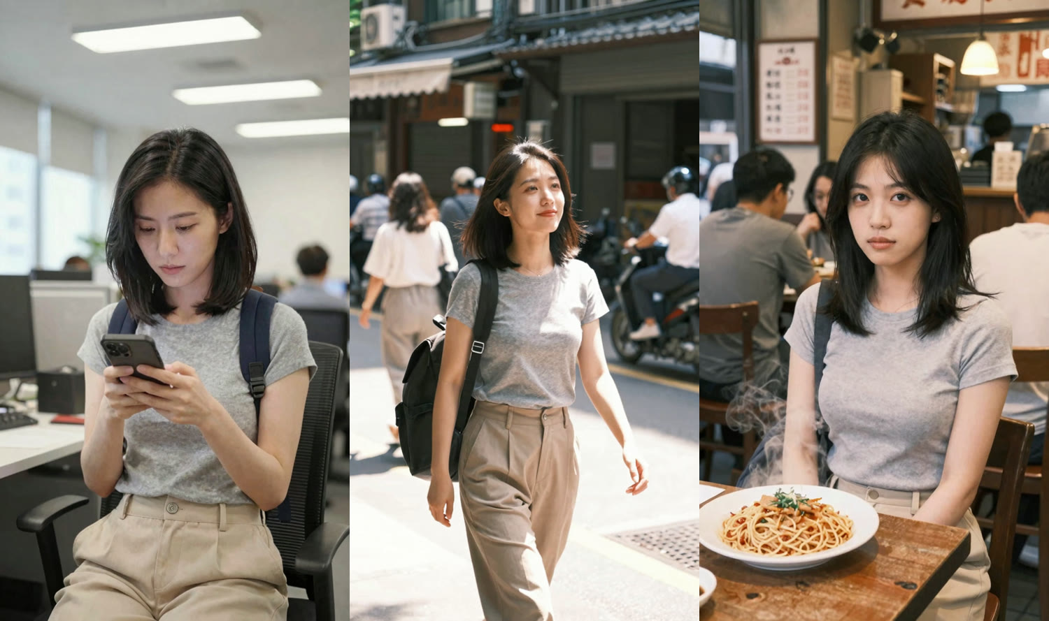 三張 AI 生成的分鏡圖：辦公室、台北街道、義大利麵店，同一名上班族女生