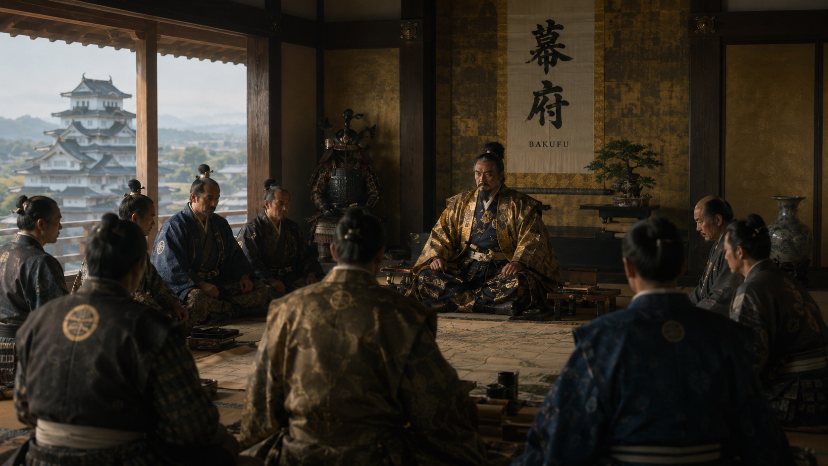 幕府開府圖:和風插畫,上様高座於御殿之上,側用人、城代、軍師、右筆、目付等家臣分列兩側