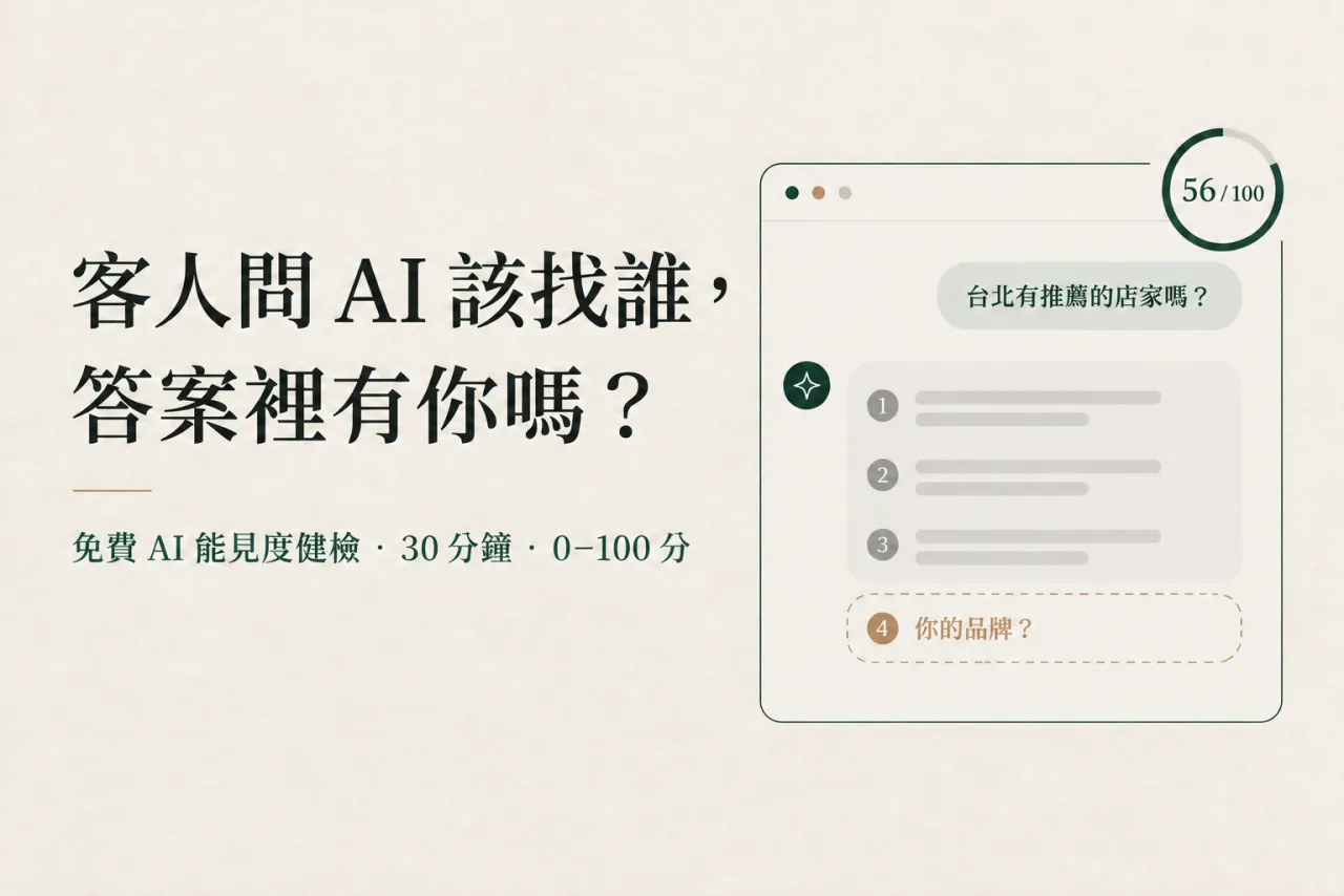客人問 AI 該找誰,答案裡有你嗎?免費 AI 能見度健檢,30 分鐘,0–100 分