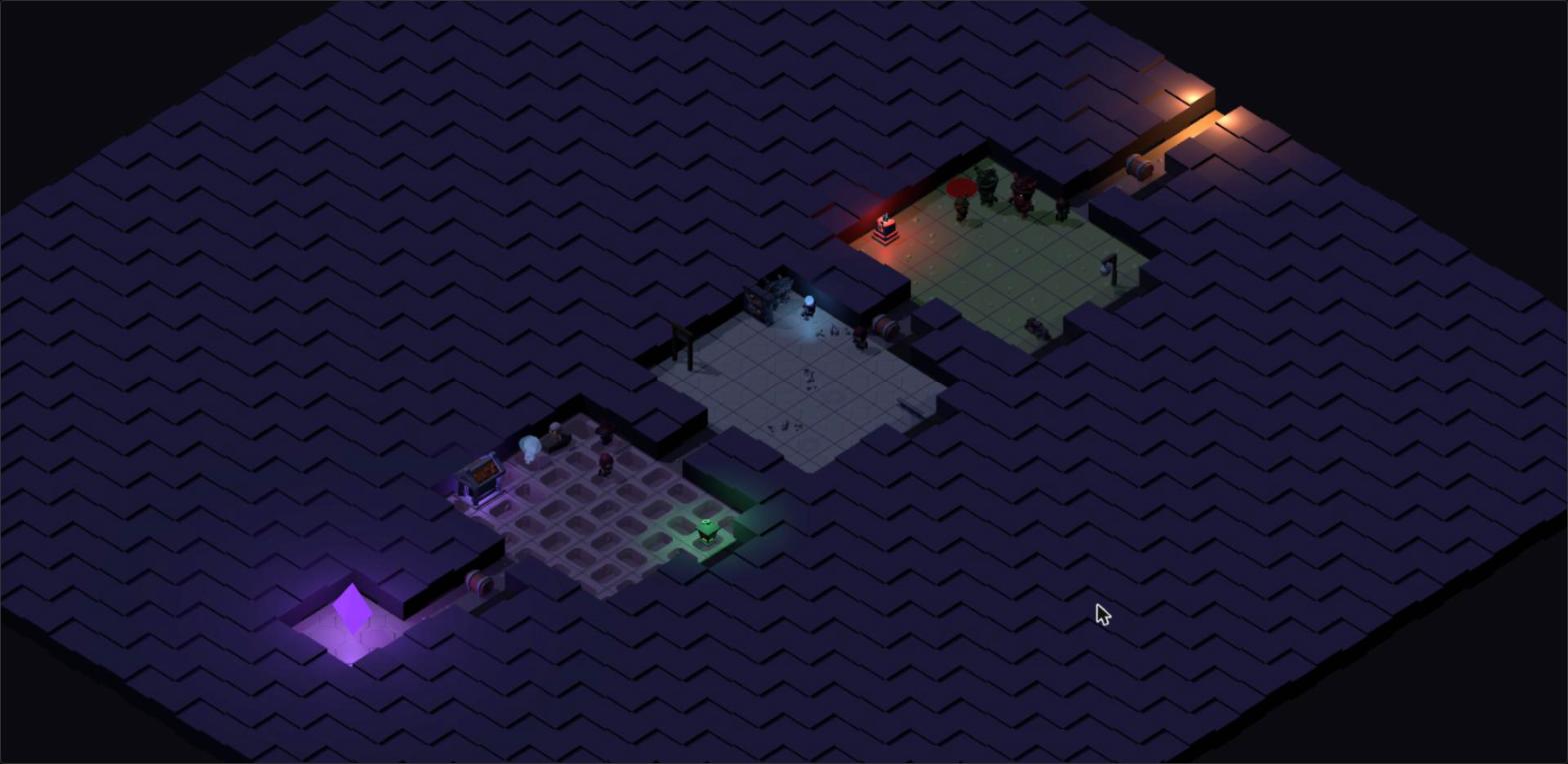 Five-Star Dungeon at night: three monster rooms chained along the path to the core